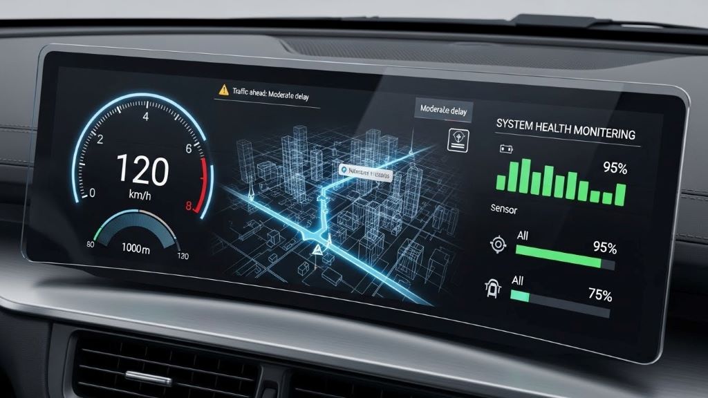 Dashboard display showing real-time telemetry data visualization with speed, navigation, and system health monitoring in autonomous vehicle