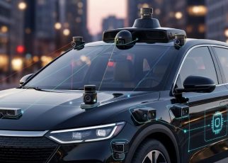 Autonomous vehicle sensor array showing multiple cameras and LiDAR units mounted on car exterior collecting telemetry data