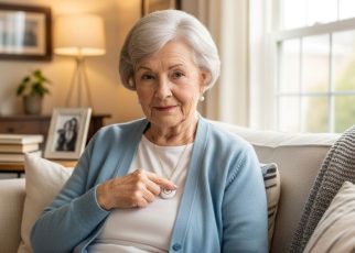 Elderly woman pressing medical alert button pendant necklace while sitting safely at home on living room couch