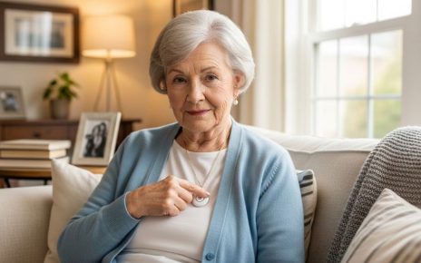Elderly woman pressing medical alert button pendant necklace while sitting safely at home on living room couch