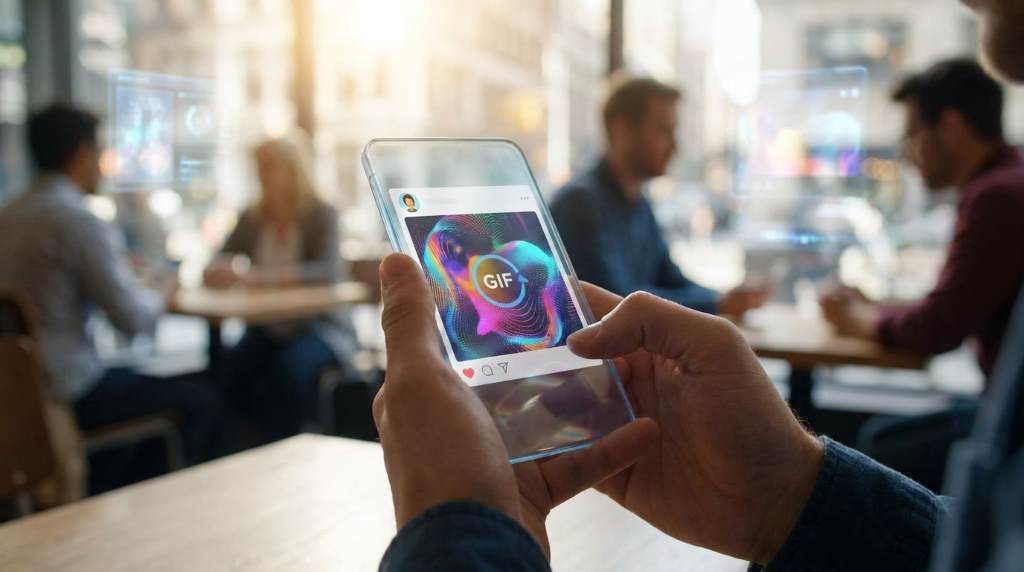 Instagram creator uploading colorful animated GIF content with engagement boosting strategy
