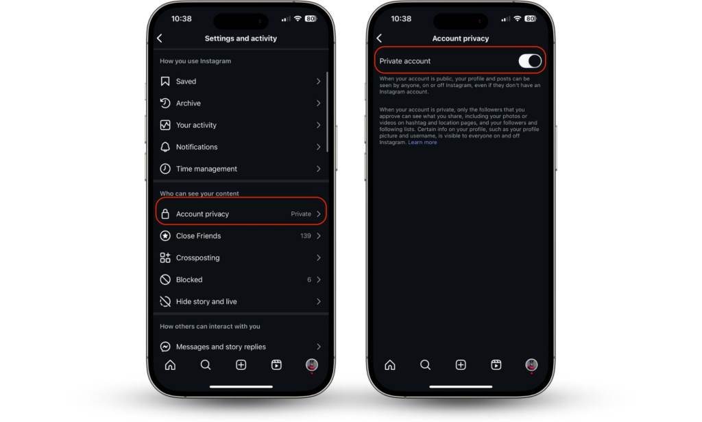 Instagram private account setup menu displayed on a modern mobile device