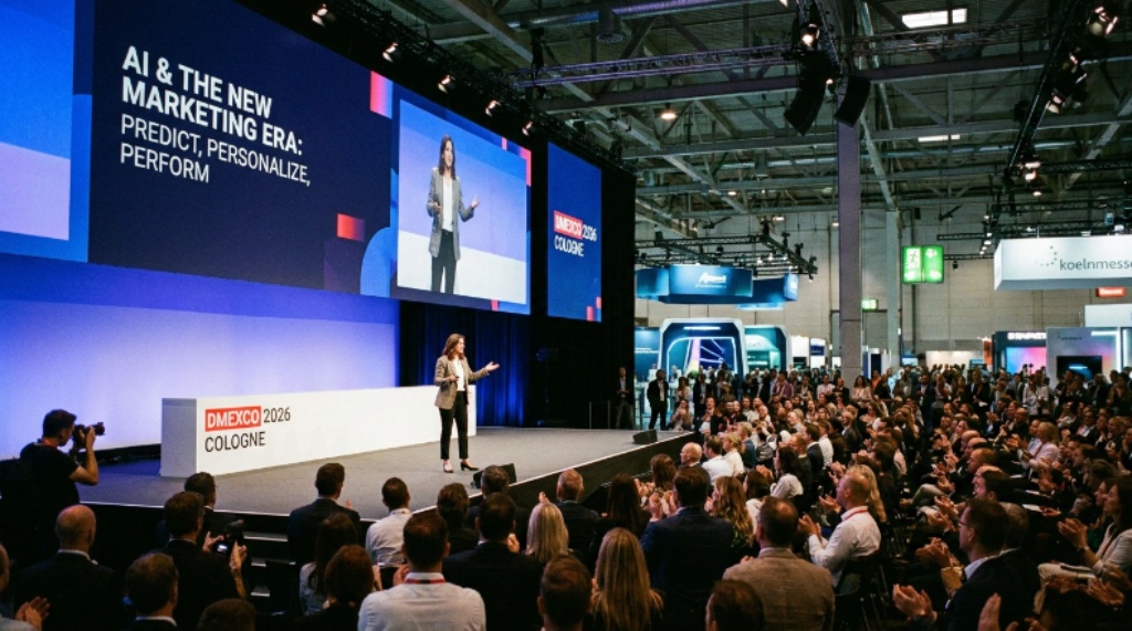 Speaker presenting on an AI and digital marketing topic at a DMEXCO 2026 conference stage in Cologne, Germany, with a large audience in the foreground