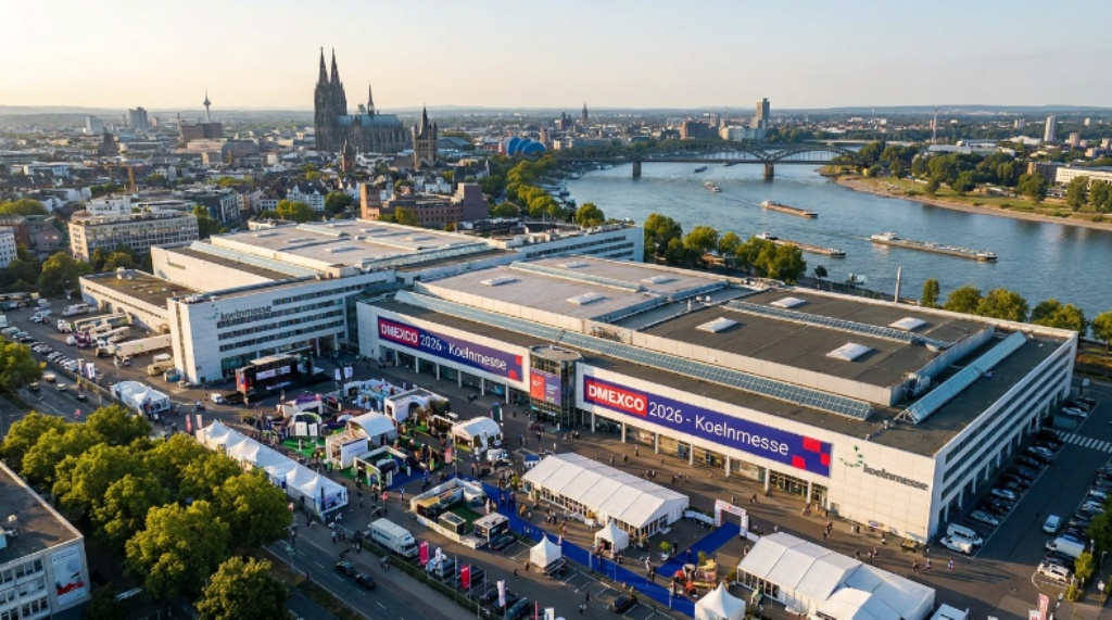 Speaker presenting on an AI and digital marketing topic at a DMEXCO 2026 conference stage in Cologne, Germany, with a large audience in the foreground