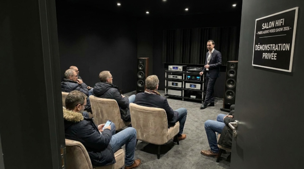 Visitors listening to a demonstration in a private room at the Paris Audio Video Show 2026