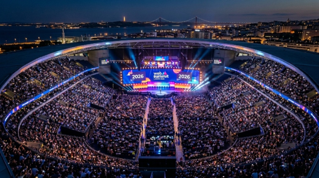 Aerial view of a packed Centre Stage audience at Web Summit Lisbon 2026, with bright lights illuminating the Altice Arena during the opening night keynote