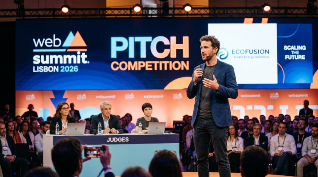A startup founder pitches on stage during the PITCH competition at Web Summit Lisbon 2026, facing a panel of judges and a live audience at the FIL Exhibition Centre