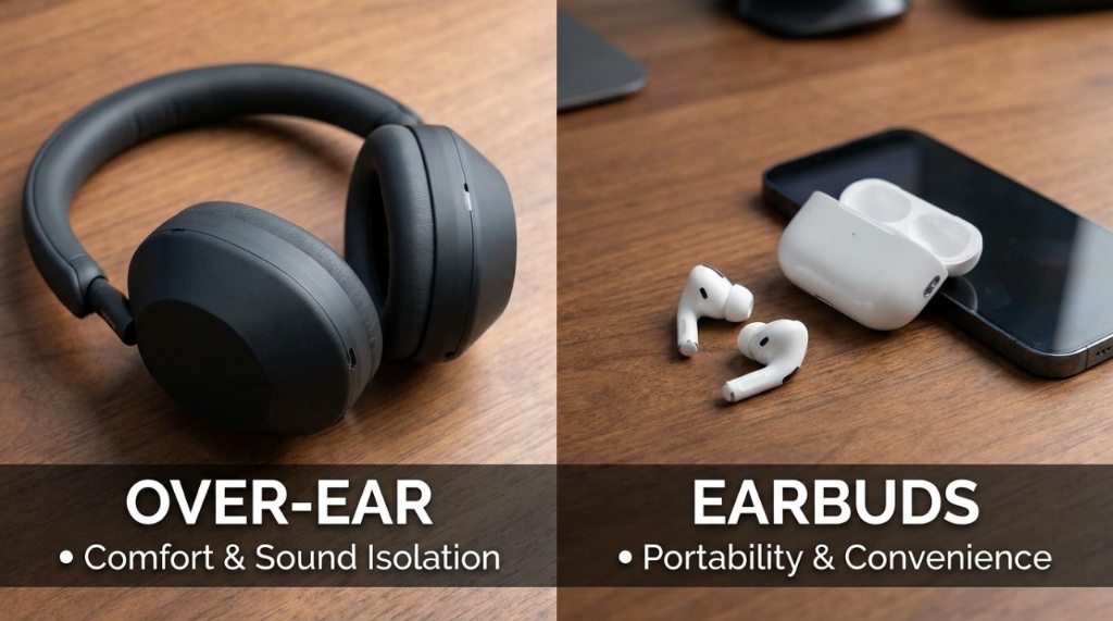 Bose QuietComfort over-ear headphones and wireless earbuds arranged neatly on a wooden table.