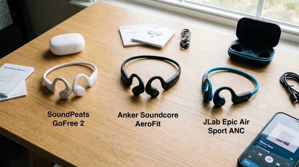 Three different models of budget open-ear headphones displayed on a clean wooden desk surface.
