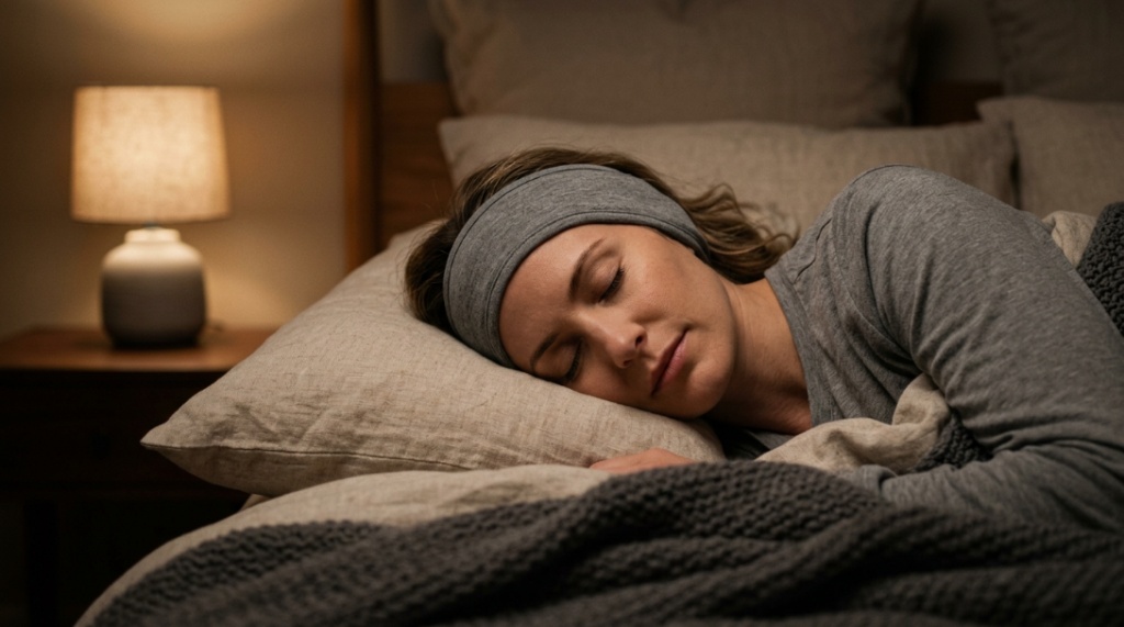 A side sleeper resting comfortably while wearing flexible sleep headphones.