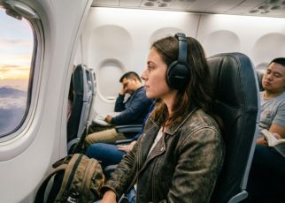 A traveler wearing black Bose QuietComfort headphones while looking out an airplane window.