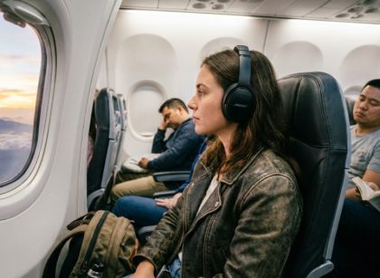 A traveler wearing black Bose QuietComfort headphones while looking out an airplane window.