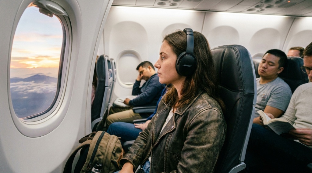 A traveler wearing black Bose QuietComfort headphones while looking out an airplane window.