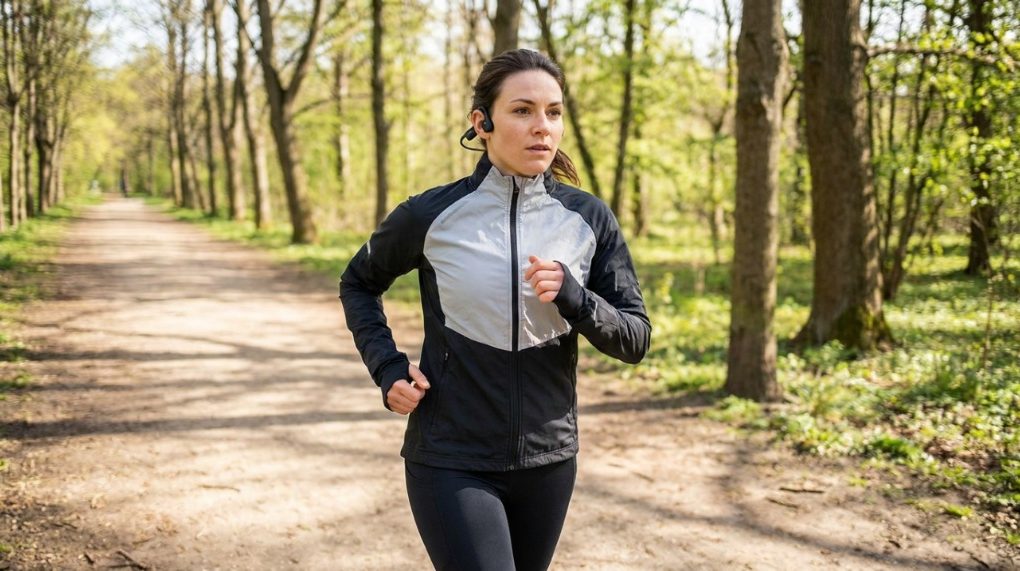 A woman running outside wearing black bone conduction headphones wrapped securely around her ears.