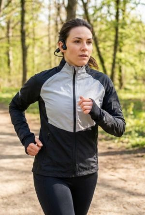 A woman running outside wearing black bone conduction headphones wrapped securely around her ears.