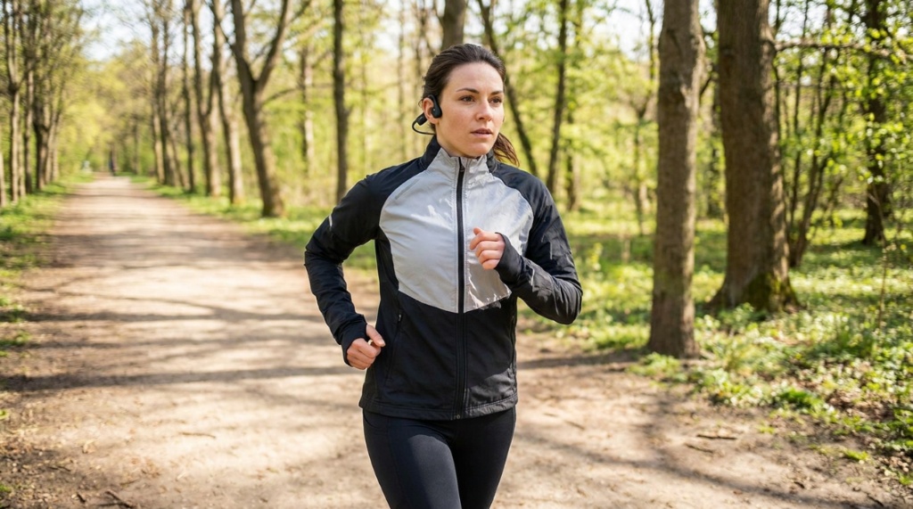A woman running outside wearing black bone conduction headphones wrapped securely around her ears.