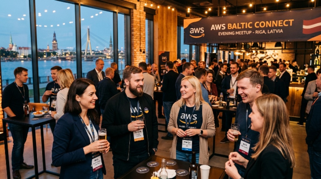 Cloud professionals networking at AWS Baltic Connect evening meetup in Riga Latvia