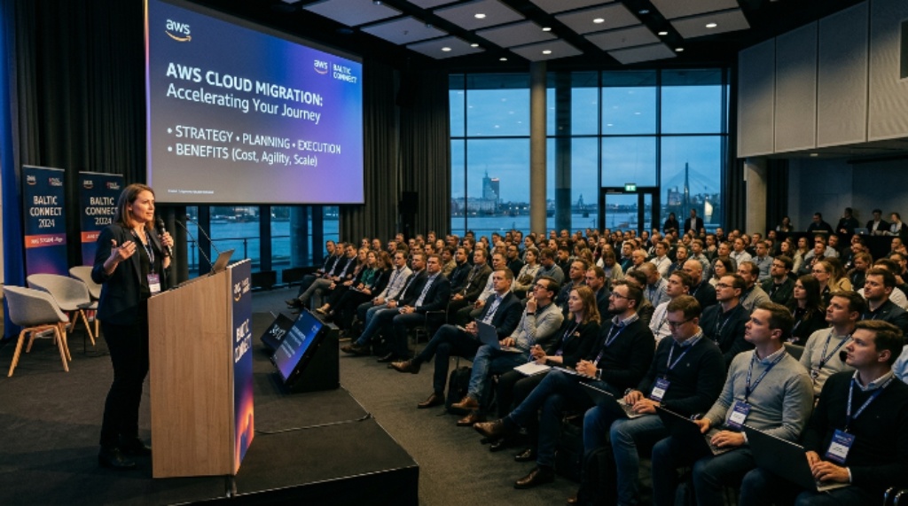 Cloud professionals networking at AWS Baltic Connect evening meetup in Riga Latvia