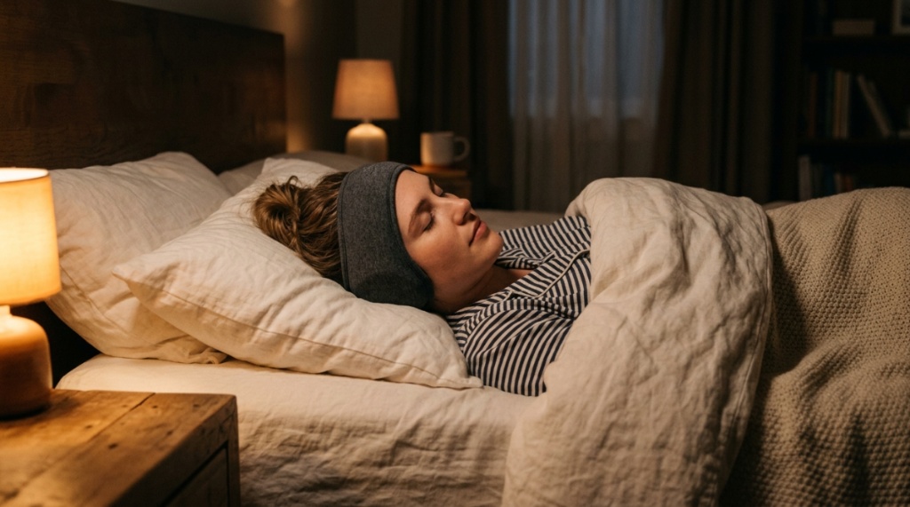 A person sleeping comfortably in bed while wearing flat fabric headphones to block noise.
