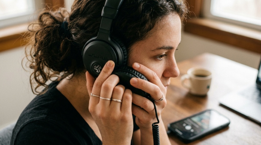 Person adjusting the fit of black JLab headphones for better sound.