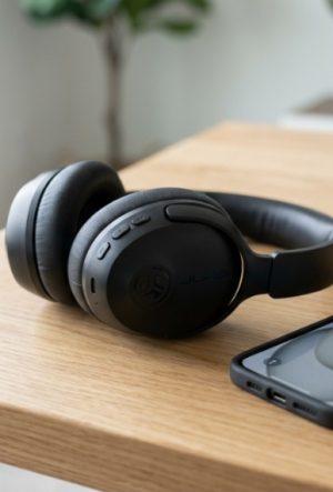 Modern JLab wireless headphones resting on a sleek wooden desk.
