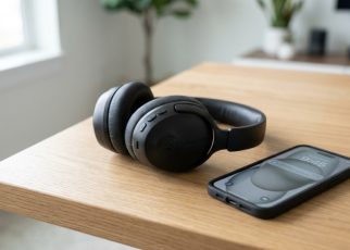 Modern JLab wireless headphones resting on a sleek wooden desk.
