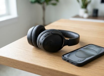 Modern JLab wireless headphones resting on a sleek wooden desk.
