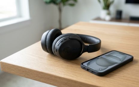 Modern JLab wireless headphones resting on a sleek wooden desk.