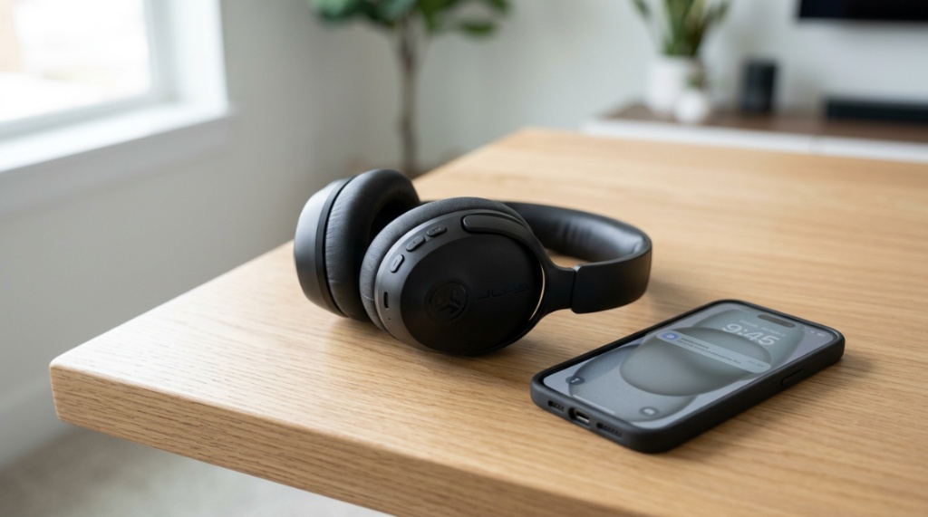 Modern JLab wireless headphones resting on a sleek wooden desk.