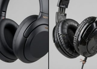 A split-screen comparison showing premium matte-black headphones next to cheap cracked plastic headphones.