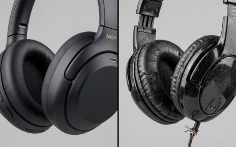 A split-screen comparison showing premium matte-black headphones next to cheap cracked plastic headphones.