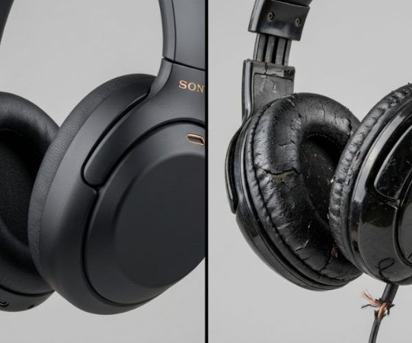 A split-screen comparison showing premium matte-black headphones next to cheap cracked plastic headphones.