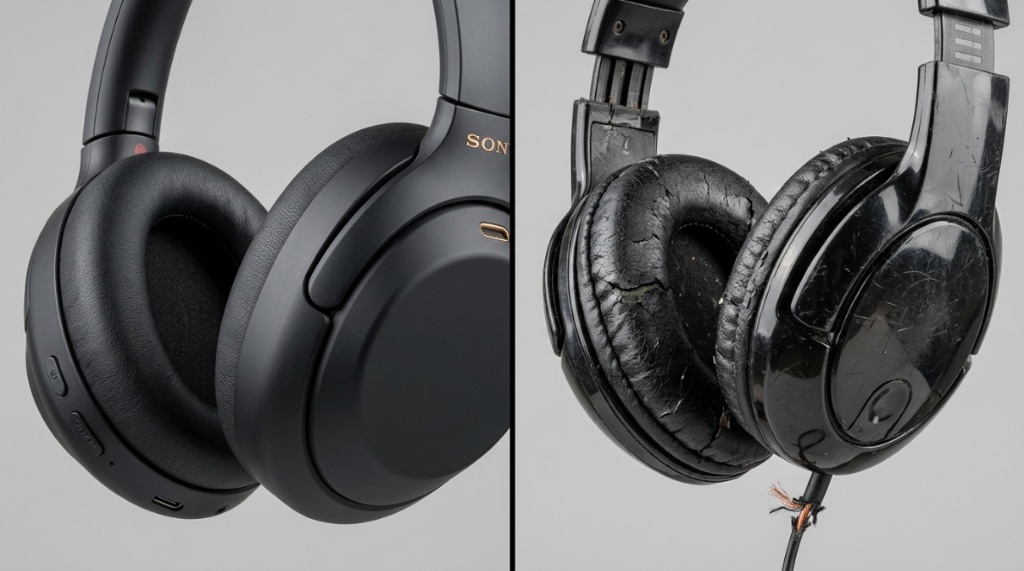 A split-screen comparison showing premium matte-black headphones next to cheap cracked plastic headphones.