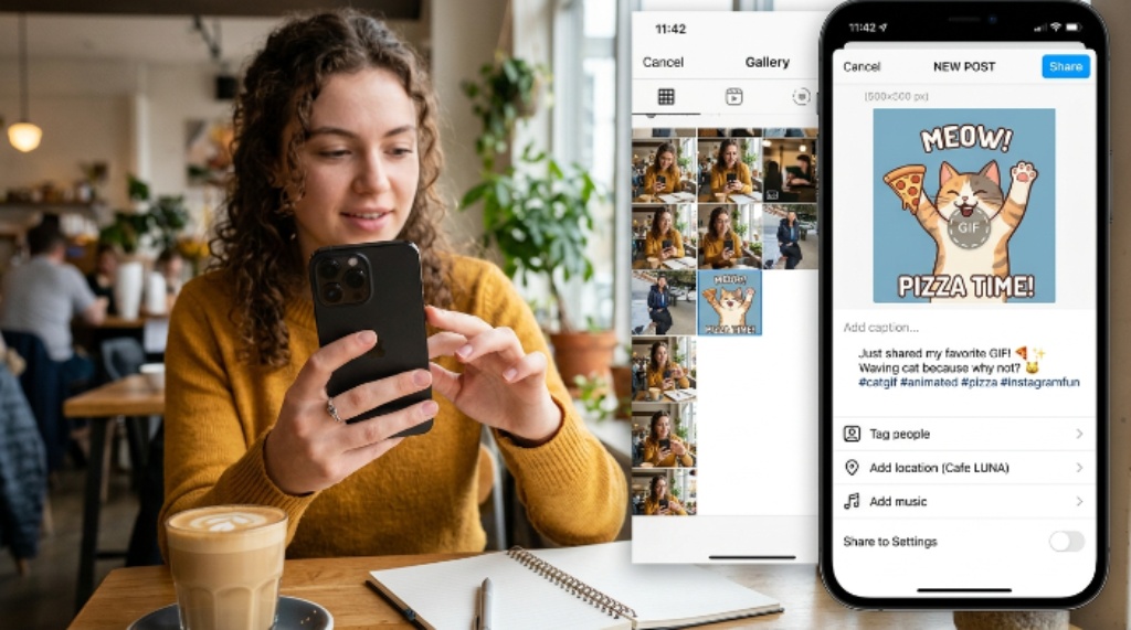 Instagram app interface demonstrating how to upload and share animated GIF content