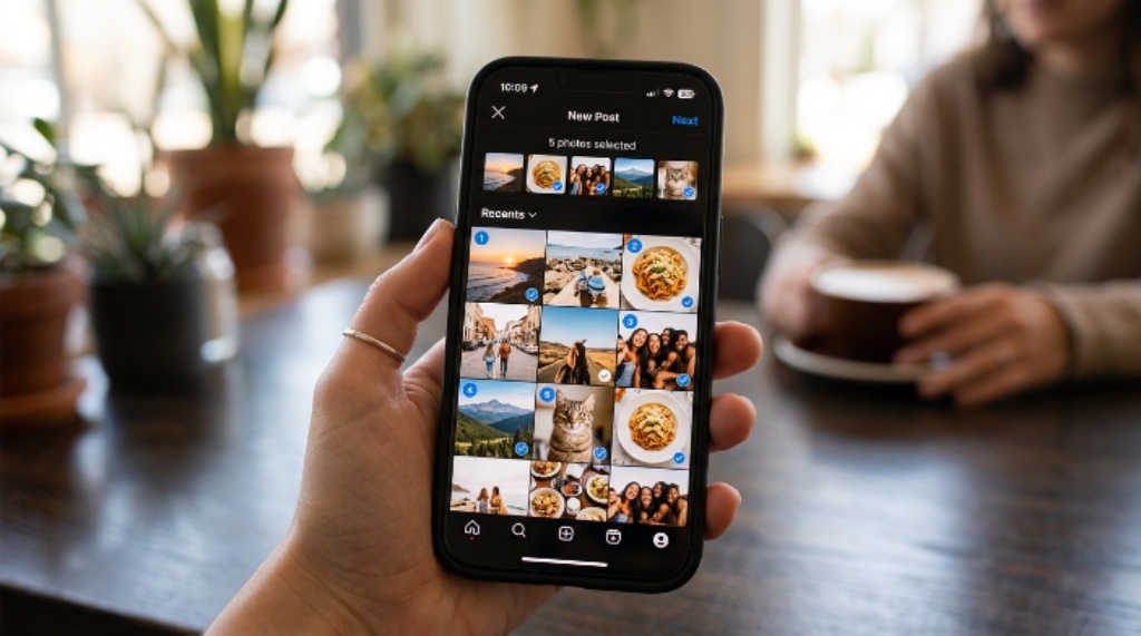 Instagram app showing multiple photos selected for a single post