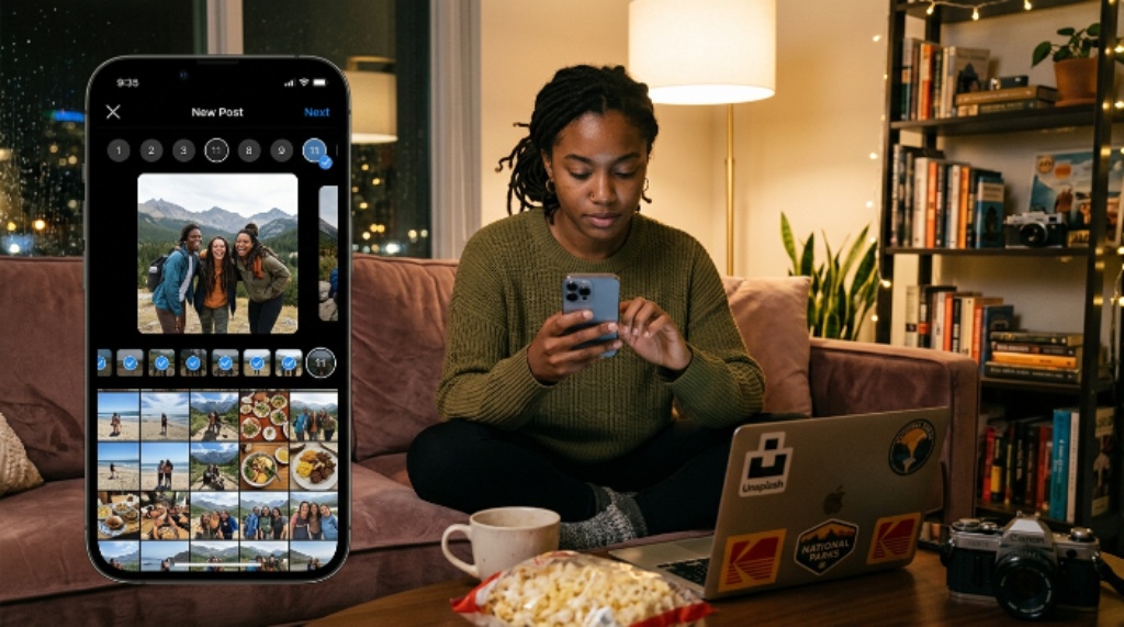 User creating an Instagram post with more than 10 photos in a carousel