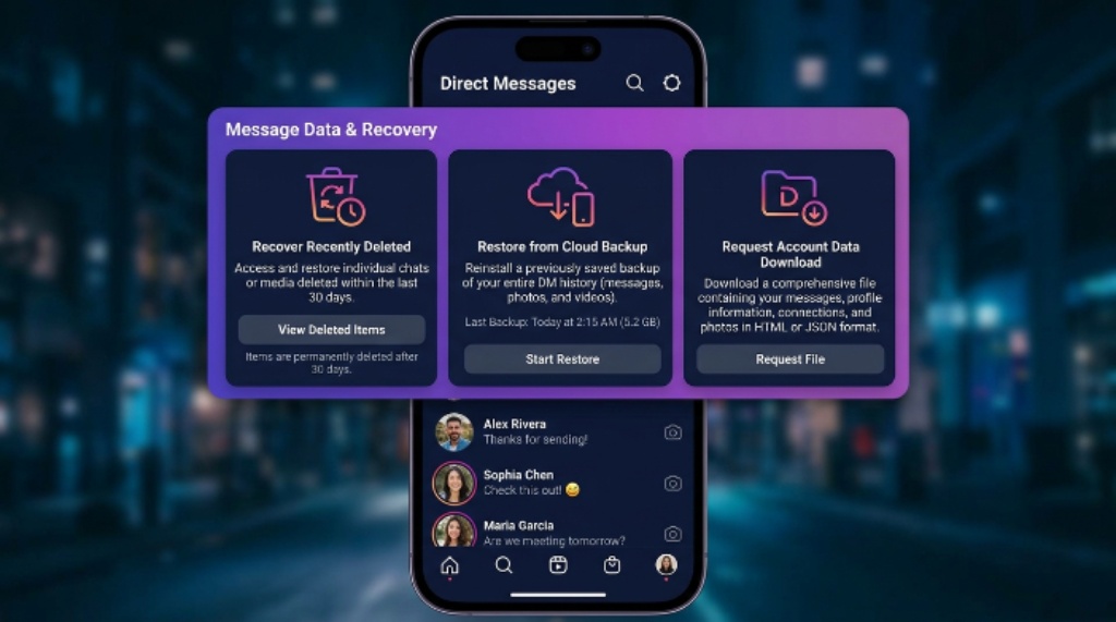 Instagram Direct Messages interface illustrating message recovery methods and account data download.