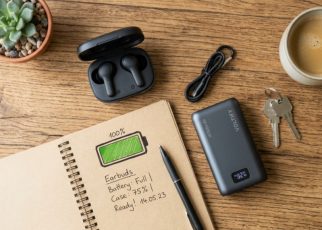 Affordable wireless earbuds on a desk next to a power bank.