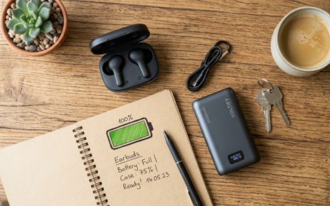 Affordable wireless earbuds on a desk next to a power bank.