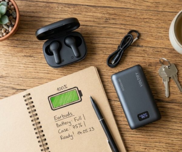 Affordable wireless earbuds on a desk next to a power bank.