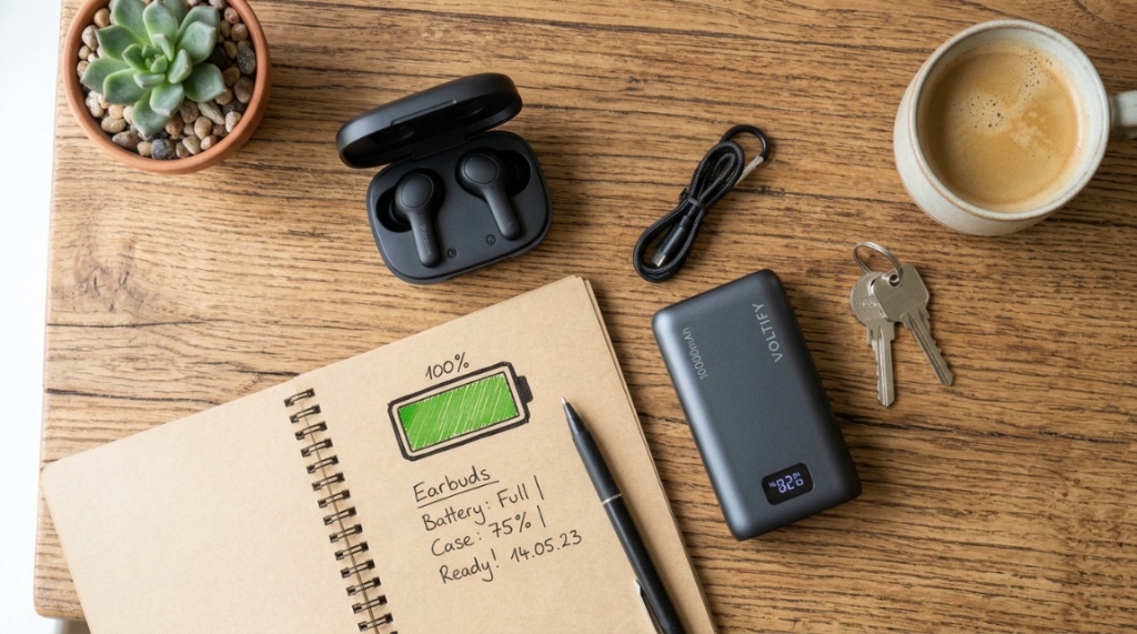 Affordable wireless earbuds on a desk next to a power bank.
