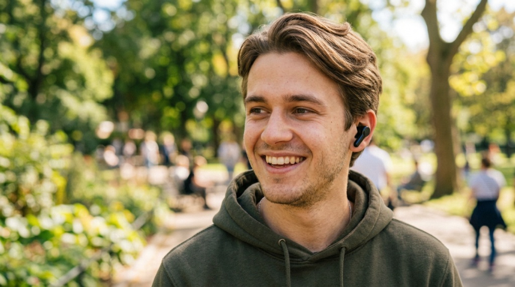 Young man wearing wireless earbuds outdoors in a park.