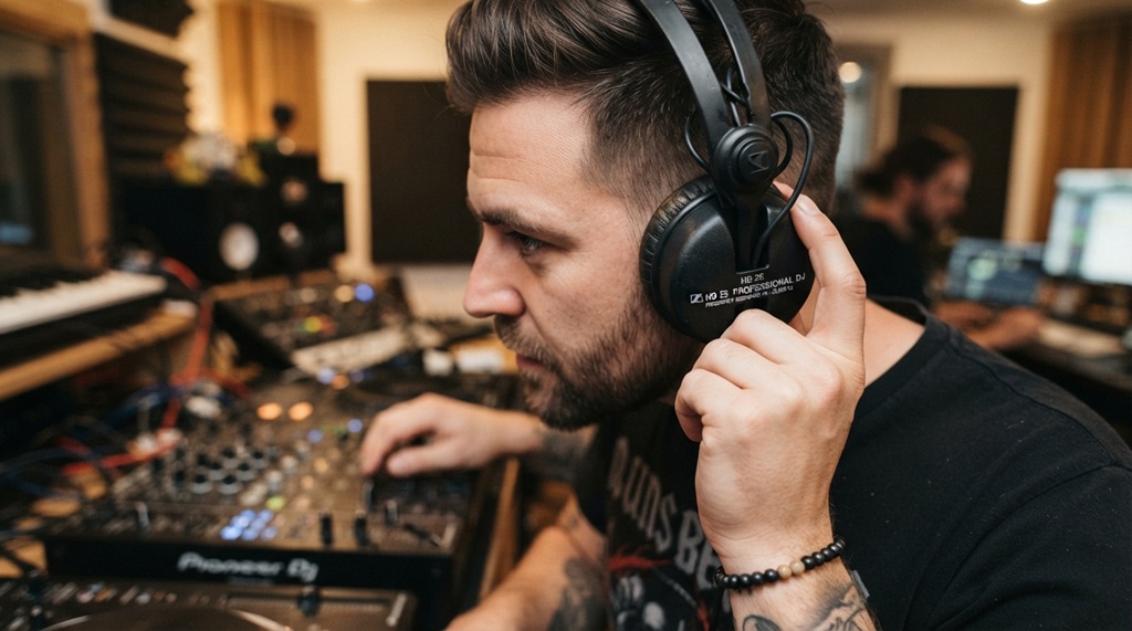 A male producer adjusting padded earcups on high-end studio DJ headphones.