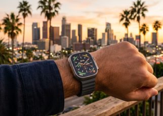 Person wearing a luxury smartwatch outdoors against a sunny California backdrop.