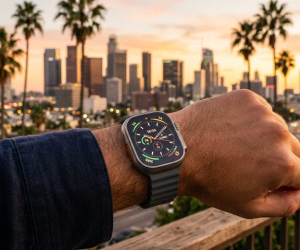 Person wearing a luxury smartwatch outdoors against a sunny California backdrop.