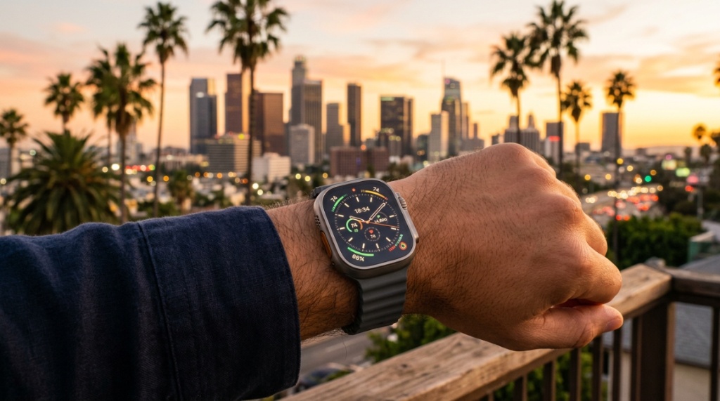 Person wearing a luxury smartwatch outdoors against a sunny California backdrop.
