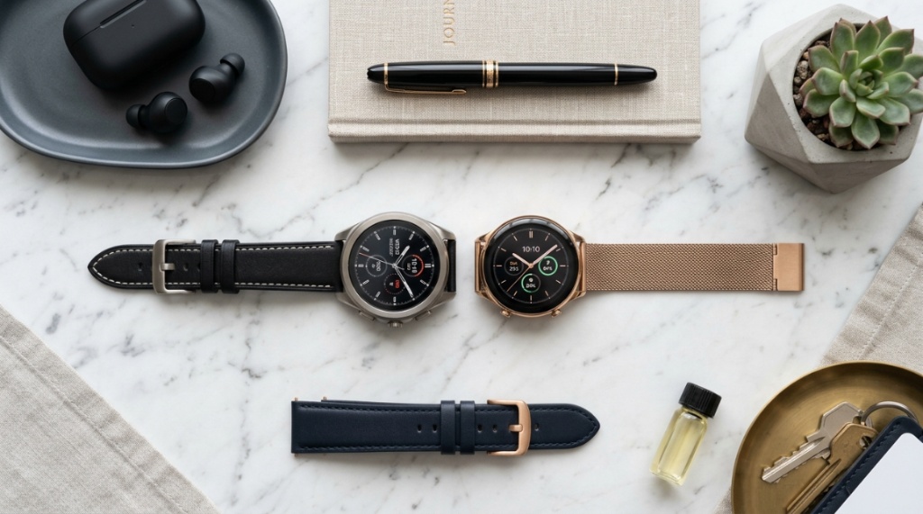 Two high-end luxury smartwatches displayed side-by-side on a white marble surface.