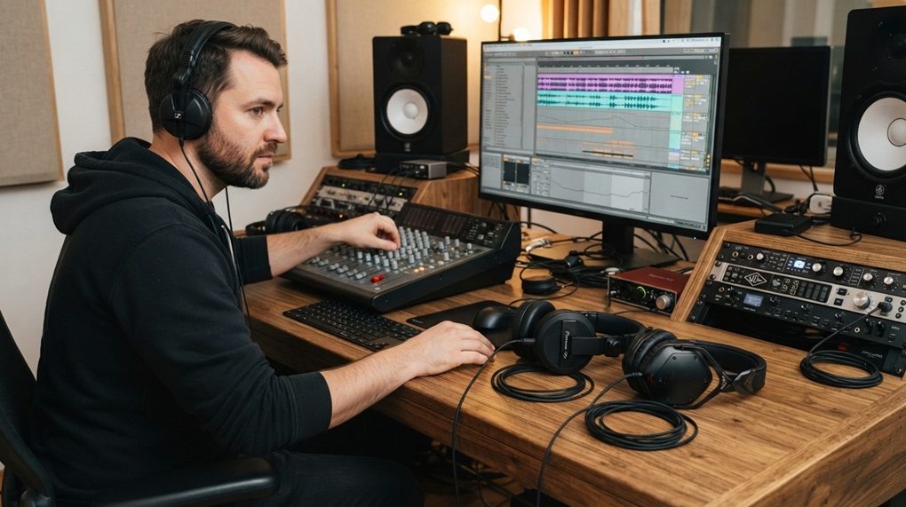 A male DJ comparing two pairs of professional headphones in a recording studio.