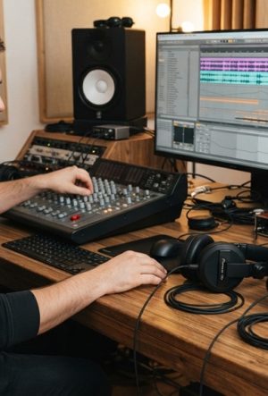 A male DJ comparing two pairs of professional headphones in a recording studio.