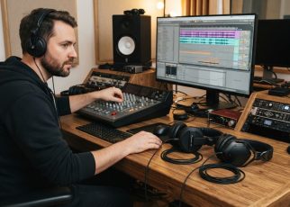 A male DJ comparing two pairs of professional headphones in a recording studio.